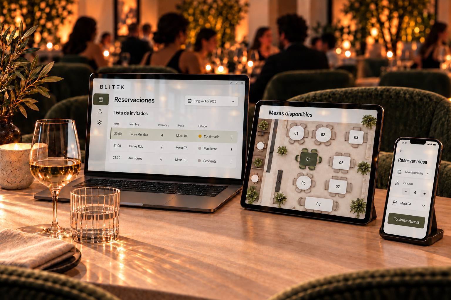 Sistema de reservaciones en laptop, tablet y teléfono con reflejos cálidos